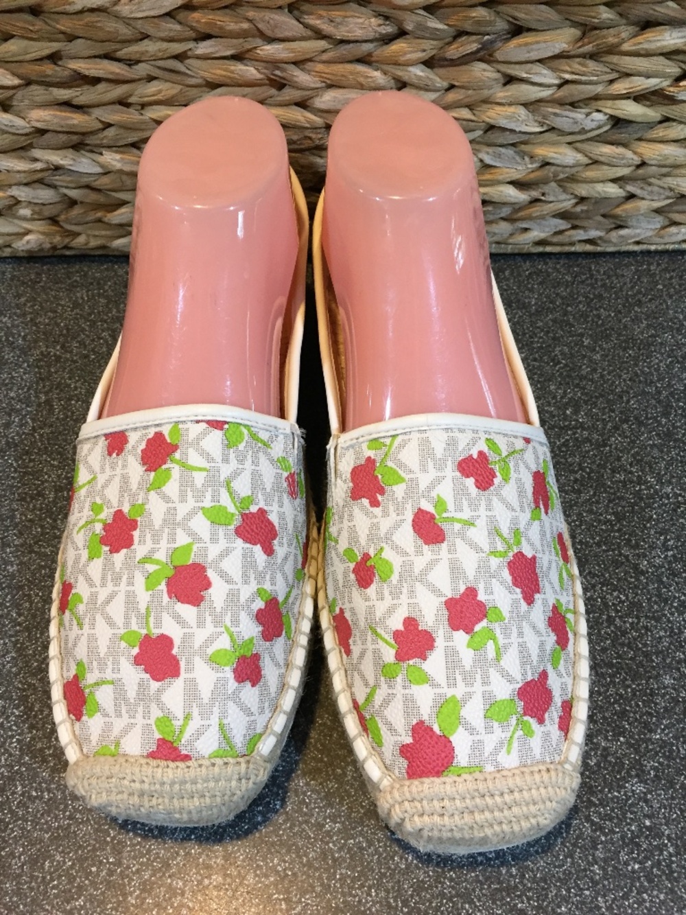 Michael Kors White Signature Espadrille Flats with Pink Floral Print